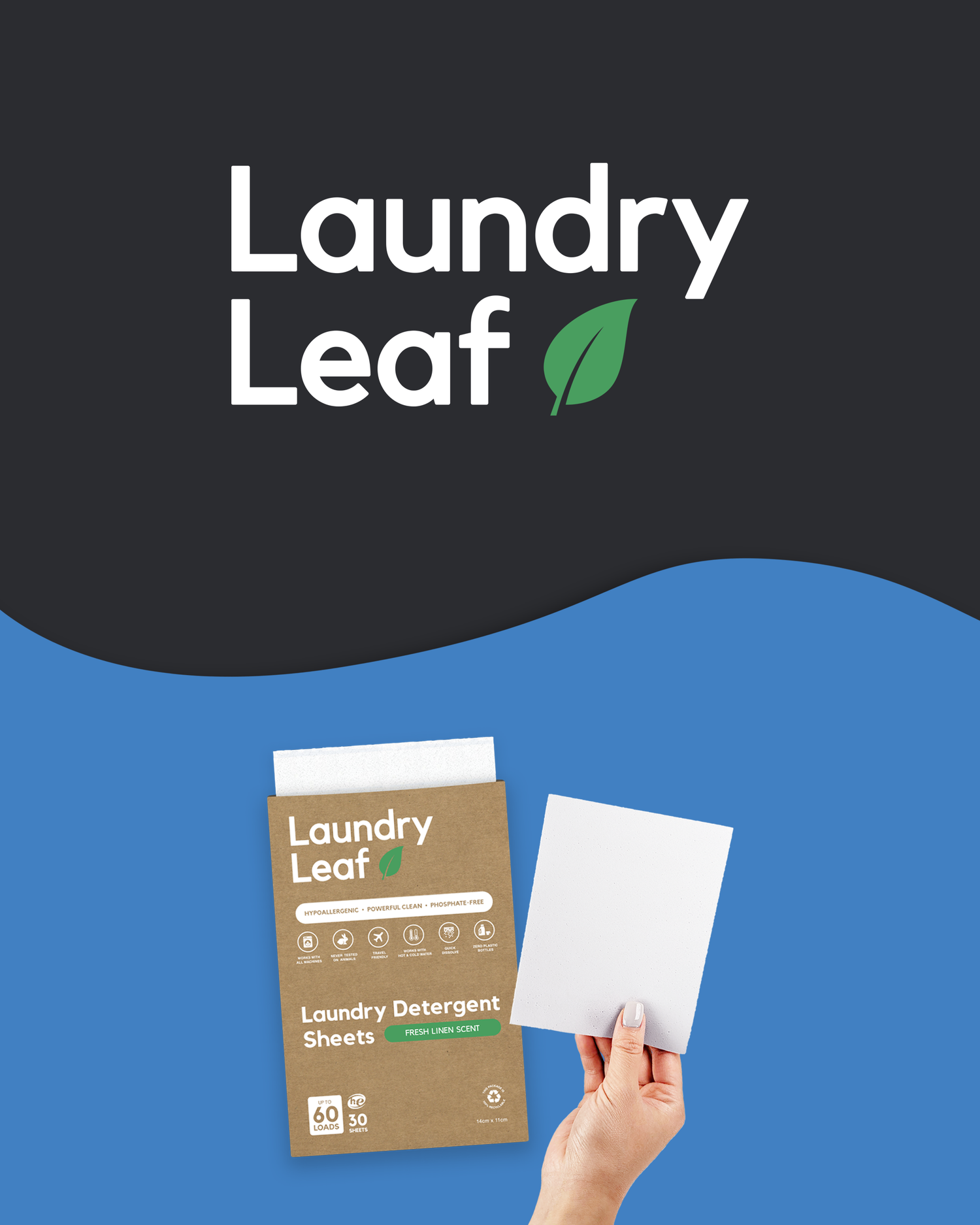 Laundry Leaf banner showing the logo and product packaging