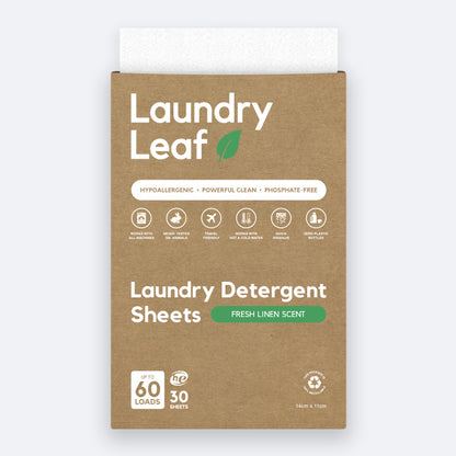 Laundry Leaf Detergent Sheet Fresh Linen Scent product packing on a blank background