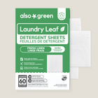 Package of Also Green laundry detergent sheets with 3 sample sheets on a light gray background