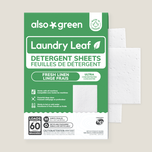 Package of Also Green laundry detergent sheets with 3 sample sheets on a light gray background