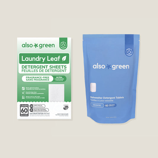 Two packages of 'also green' laundry products on a light gray background