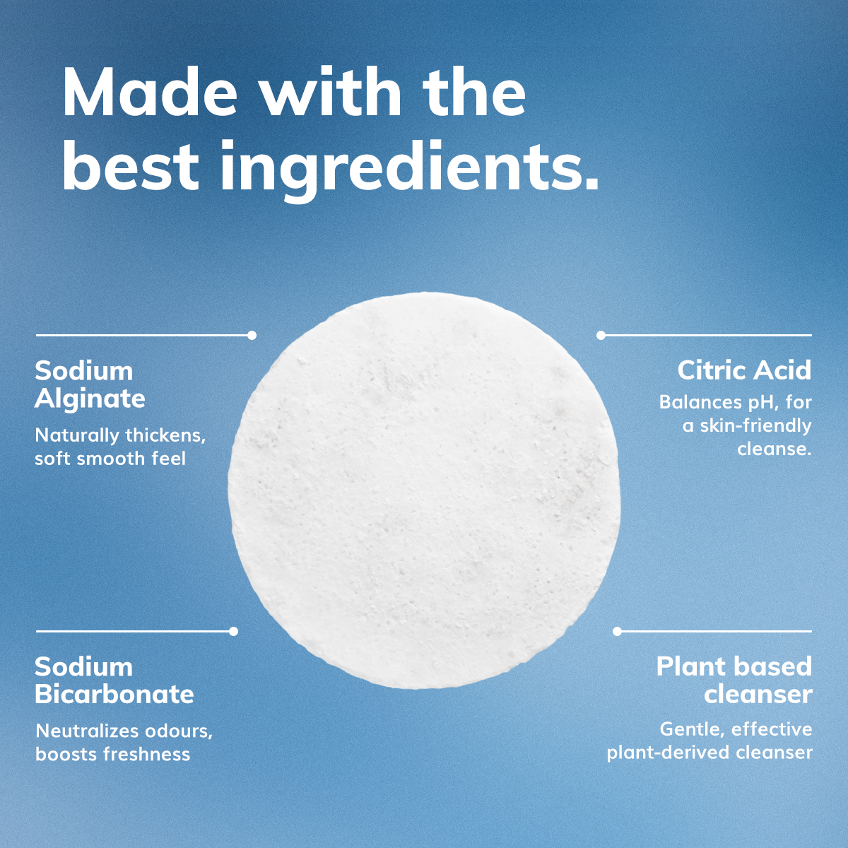 Product packaging with text about ingredients on a blue background