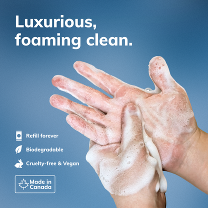 Hands with foamy soap, text about product features on a blue background
