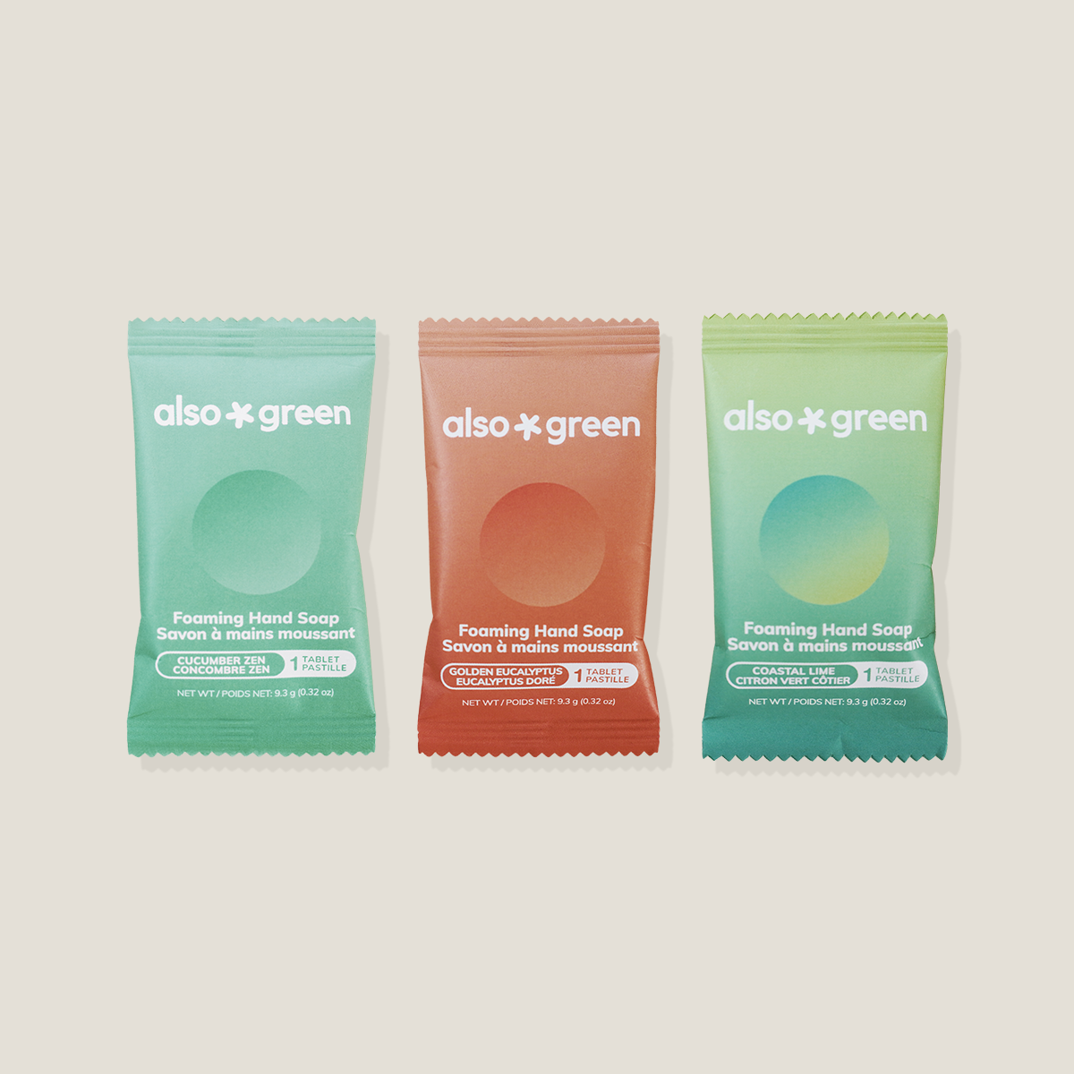 Three packets of Also Green foaming hand soap on a beige background
