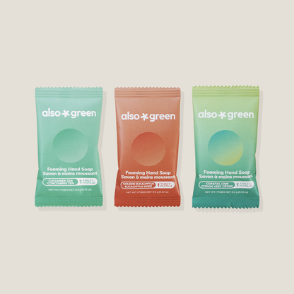 Three packets of Also Green foaming hand soap on a beige background